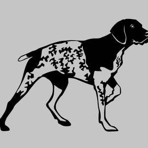 Könnte beinhalten: Schwarz-weiße Silhouette eines Deutsch Kurzhaar-Hundes im Laufschritt.