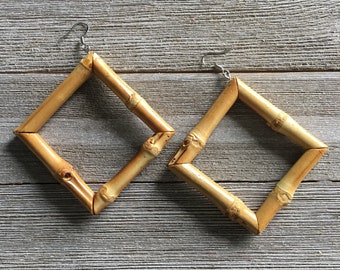 Real Bamboo Earrings - Square Hoops Tiki 1950s