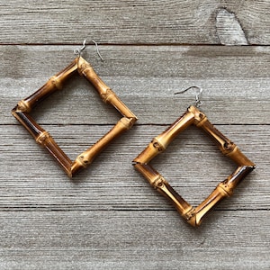 Real Dark Bamboo Earrings - Square Hoops Tiki 1950s