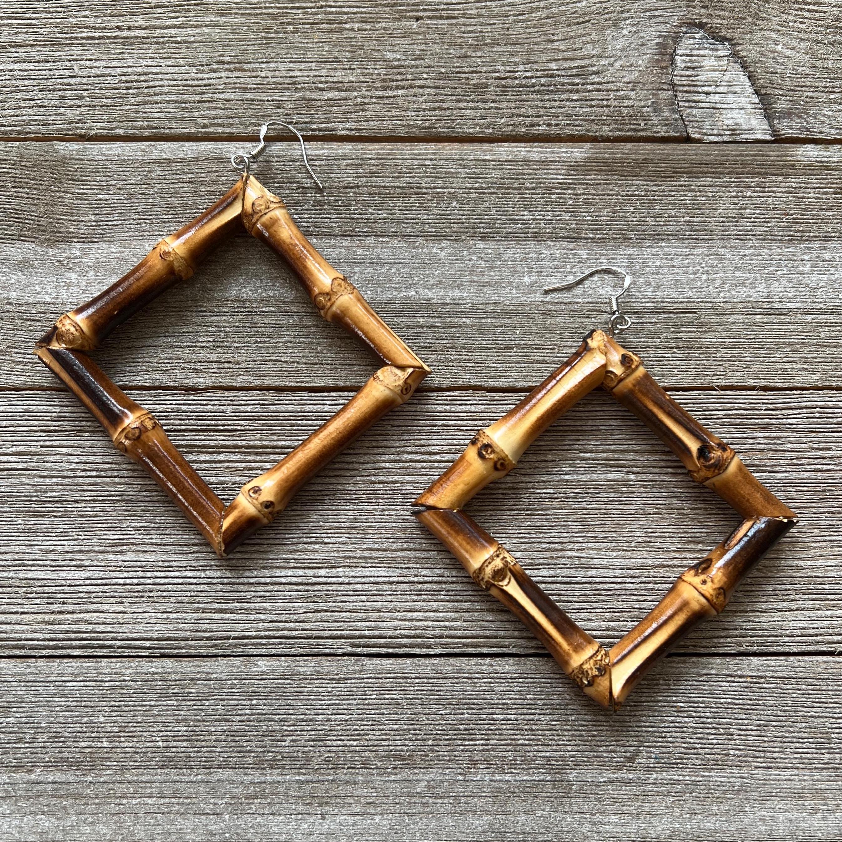 Real Dark Bamboo Earrings - Square Hoops Tiki 1950s