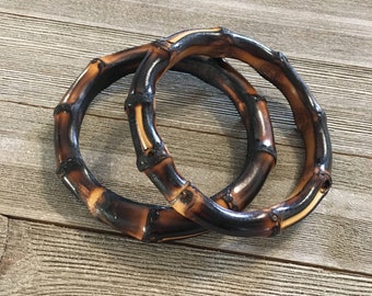 Two Novelty Dark Brown Bamboo Bangles - Round Tiki 1950s