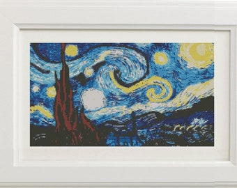 Starry Night by Vincent van Gogh Counted Cross Stitch Pattern in PDF for Instant Download