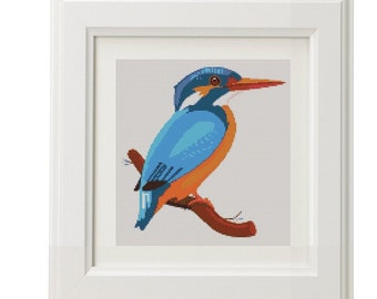 Kingfisher bird cross stitch pattern, Modern cross stitch pattern, Watercolor kingfisher counted cross stitch chart, Watercolor bird, pdf