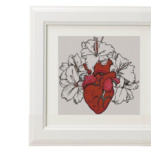 Flower anatomical heart - cross stitch - modern cross stitch human anatomy anatomical heart floral heart valentines gift