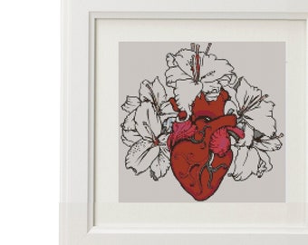 Flower anatomical heart - cross stitch - modern cross stitch human anatomy anatomical heart floral heart valentines gift