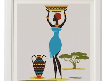 African Art Decor Cross Stitch Pattern - African Art Print - African Decor - Black Women - Embroidery - African Wall Art - PDF File