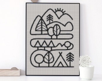 Camping at the mountains cross stitch pattern, modern cross stitch pattern, PDF,  Happy campers, instant download