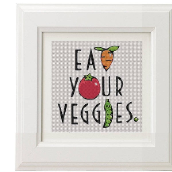 PDF Counted Cross Stitch PATTERN eat your veggies, 5.5 inches by 5.5 inches Handmade supply DIY crafter decor instantant pdf download