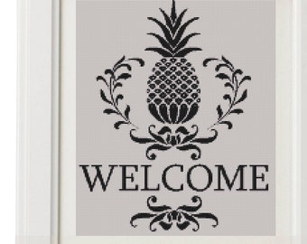 welcome Floral Wreath Modern Cross Stitch Pattern PDF, pinapple Embroidery, Floral Pattern, Welcome Sign Chart, Baby Announcement, Hoop Art