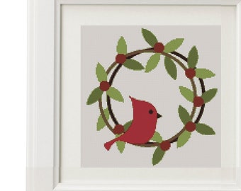 Christmas cross stitch pattern , Modern embroidery designs ,Embroidery Hoop art ,Handmade Wall art - Christmas with red cardinal bird