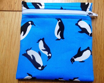Sandwich Baggie Waterproof Lined Zip Pouch - Straw Case - Sandwich bag - Snack Bag - Bikini Bag - Lunch Bag Make Up Bag Penguin Blue