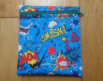 Sandwich Baggie Waterproof Lined Zip Pouch - Straw Case - Sandwich bag - Snack Bag - Bikini Bag - Lunch Bag Make Up Bag Smash Hero Pow ZG