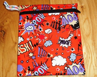 Sandwich Baggie Waterproof Lined Zip Pouch - Sandwich bag - Snack Bag - Bikini Bag - Lunch Bag Make Up Bag Pow hero Orange Small Poppins