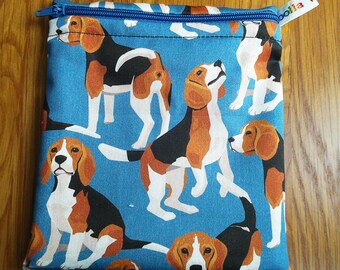 Reusable Snack Bag - Bikini Bag - Lunch Bag - Make Up Bag Small Poppins Waterproof Lined Zip Pouch - Sandwich - Period Beagle Dog