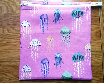 Reusable Sandwich Bag, Sanitary Pads Bag, Bagel Holder, Travel Makeup Bag Reusable Snack Pouch, Vegan Snack Box, Zip, Bloom of Jellyfish