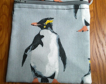 Reusable Snack Bag - Bikini Bag - Lunch Bag - Make Up Bag Small Poppins Waterproof Lined Zip Pouch - Sandwich - Period Artic Penguin