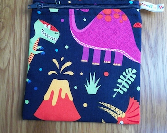 Reusable Snack Bag - Bikini Bag - Lunch Bag - Make Up Bag Small Poppins Waterproof Lined Zip Pouch - Sandwich - Period - Bright Dinosaur