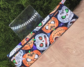 Straw Cutlery Pouch Washable Reusable Chopstick Utensil Crochet Hook Pencil Pen Case Waterproof Lined Zip Pouch Eco Spooky Pumpkin