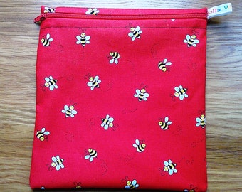 Reusable Sandwich Bag, Sanitary Pads Bag, Bagel Holder, Travel Makeup Bag Reusable Snack Pouch, Vegan Snack Box, Zip, Red Bees