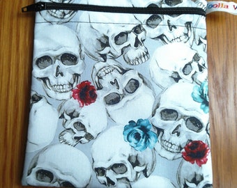 Reusable Snack Bag - Bikini Bag - Lunch Bag - Make Up Bag Small Poppins Waterproof Lined Zip Pouch - Sandwich - Period - Grey Skulls