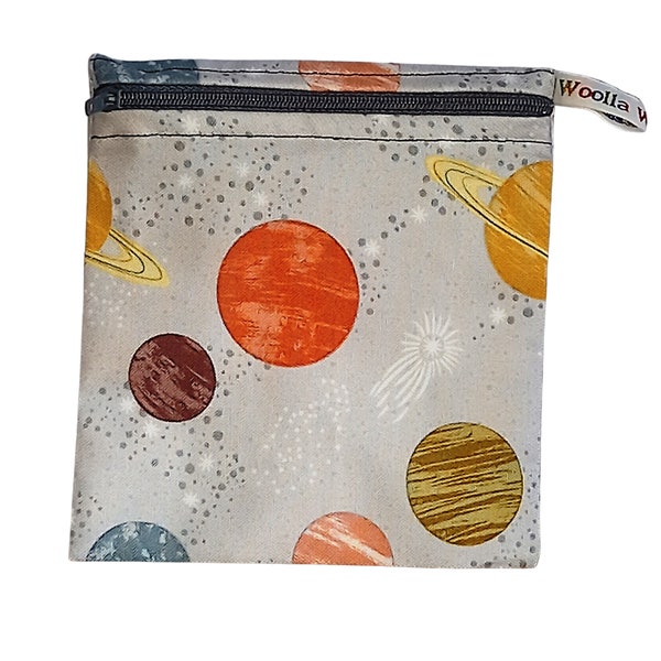 Reusable Snack Bag - Bikini Bag - Lunch Bag - Make Up Bag Small Poppins Waterproof Lined Zip Pouch - Sandwich - Period Grey Planets Space