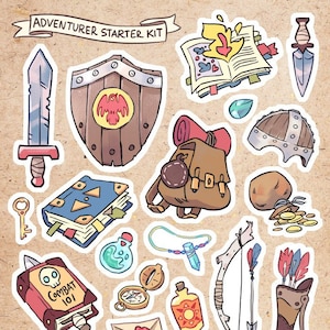 May include: A set of fantasy-themed stickers including a sword, shield, book, backpack, helmet, potion, compass, bow and arrow, and other adventure items. The banner at the top says "Adventurer Starter Kit."