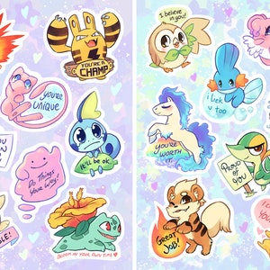 May include: A set of 14 colorful stickers featuring various Pokemon characters with encouraging messages. The stickers are on a light purple background with hearts and stars. The messages include "You're the very best!" "You're a champ!" "You're unique!" "It'll be ok." "You're worth it." "I believe in you!" "I liek u too." "Proud of you." "Take care of you." "It's ok to cry." "Do things your way!" "Unbreakable!" "Great job!" and "I choose you!"