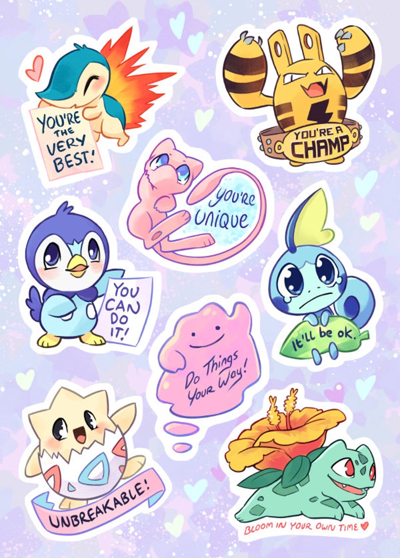 May include: A set of ten colorful stickers featuring various Pokemon characters with encouraging messages. The stickers include a pink and blue Pokemon holding a sign that says "You're the very best!" and a green Pokemon holding a leaf that says "It'll be ok."