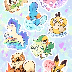 May include: A set of nine colorful stickers featuring various cartoon characters and motivational messages. The stickers are on a light blue background with pink and purple hearts. The messages include "I believe in you!" "Take care of you" "You're worth it" "I liek u too" "Proud of you" "It's ok to cry" "Great Job!" and "I choose you!"