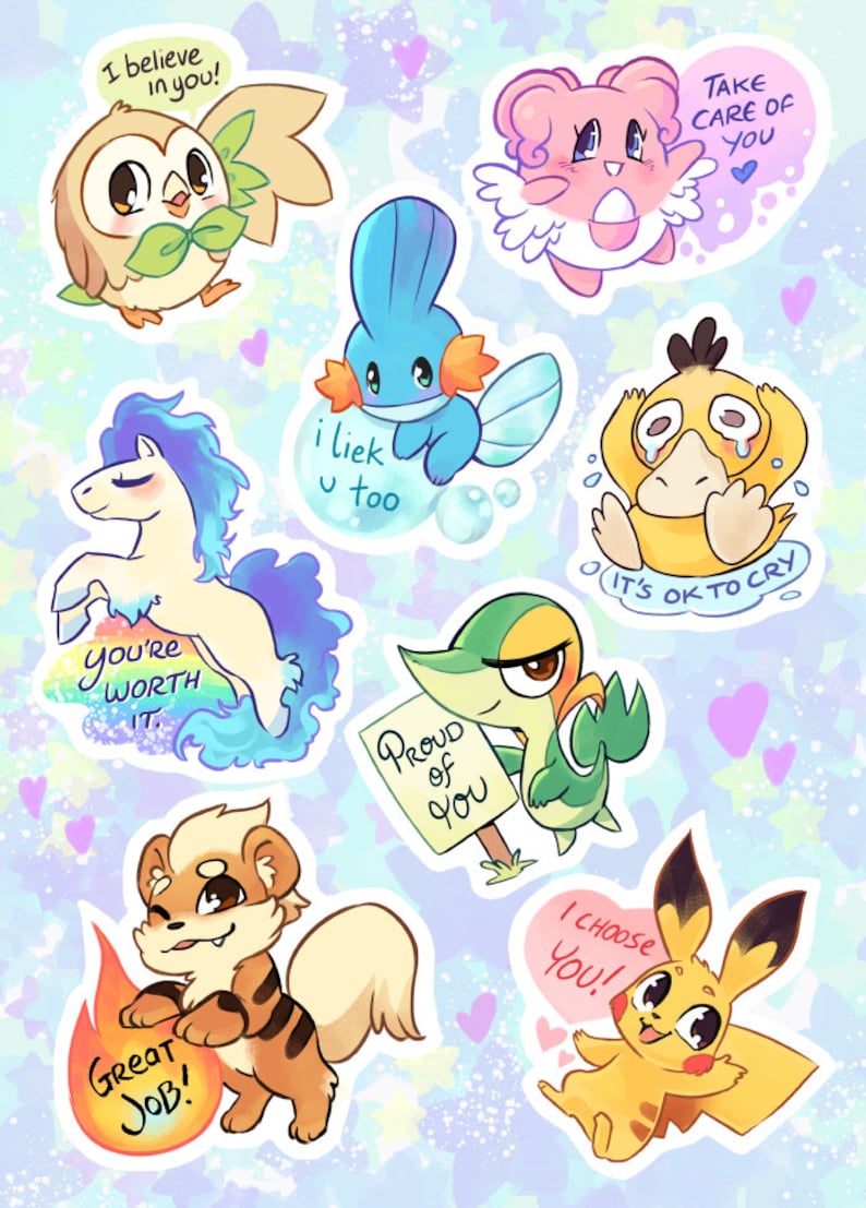 May include: A set of nine colorful stickers featuring various cartoon characters and motivational messages. The stickers are on a light blue background with pink and purple hearts. The messages include "I believe in you!" "Take care of you" "You're worth it" "I liek u too" "Proud of you" "It's ok to cry" "Great Job!" and "I choose you!"