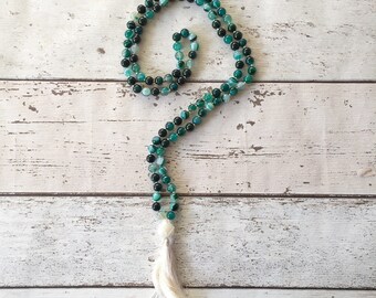 Dark cyan agate mala beads, green agate mala beads, green agate mala, gemstone mala, natural stone mala, 108 mala beads