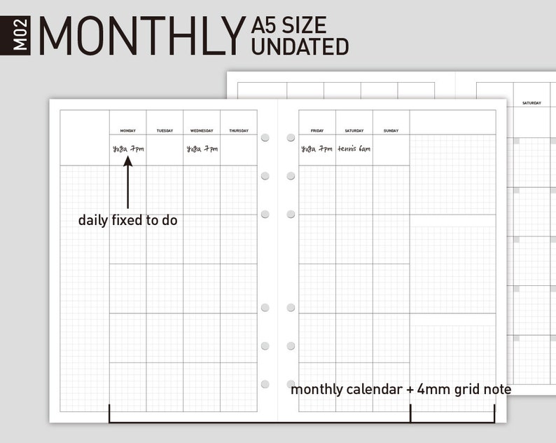 Printable Monthly Planner Insert Filofax A5 size Mo2p Etsy