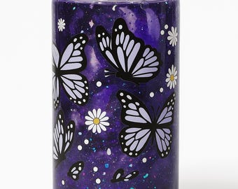 Purple Galaxy Butterfly Glitter Cup – 16 oz Plastic Tumbler | Aesthetic Butterfly Cup