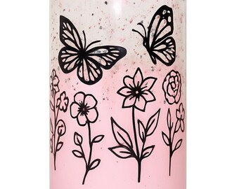 Pink Butterfly Garden Glitter Glass Cup – 16 oz Floral Aesthetic Tumbler