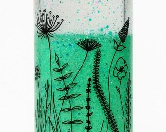 Green Wildflower Glitter Cup – 16 oz Plastic Tumbler | Botanical Aesthetic Cup