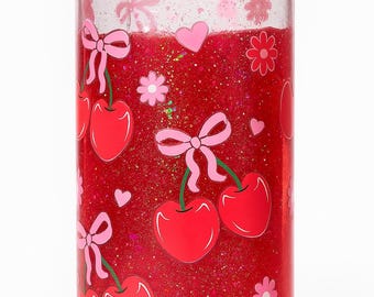 Cherry Bow Glitter Cup – 16 oz Plastic Tumbler | Cute Pink Cherry Aesthetic Cup
