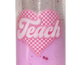 Pink Teacher Heart Checkered 16 oz Glitter Cup