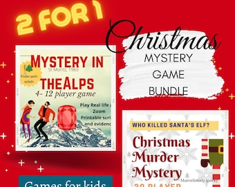 May include: A Christmas mystery game bundle featuring two printable games: "Mystery in the Alps" and "Christmas Murder Mystery". The first game is a 4-12 player game set in St. Moritz, 1969. The second game is a 30 player game with the question "Who killed Santa's elf?" printed on the cover.