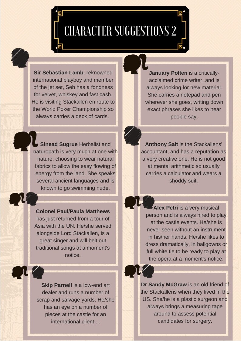 May include: A colorful illustration of 10 character suggestions for a fictional story. Each character is depicted with a silhouette of a person's head and a description of their personality and role in the story.