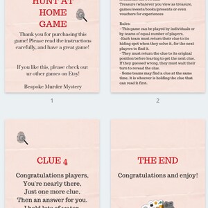 May include: Printable treasure hunt game cards with instructions for playing at home. The cards are pink with red text and a magnifying glass icon. The cards include clues and instructions for the game.