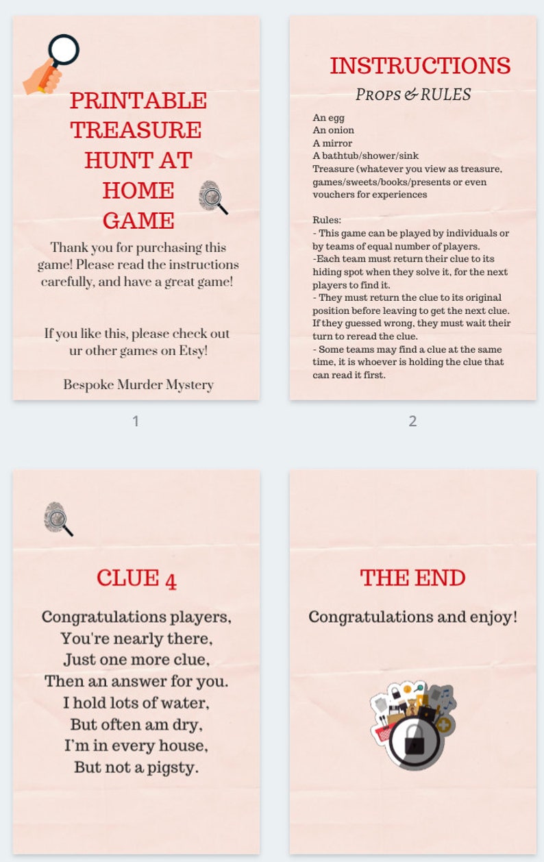 May include: Printable treasure hunt game cards with instructions for playing at home. The cards are pink with red text and a magnifying glass icon. The cards include clues and instructions for the game.
