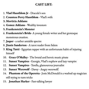 May include: A black and white cast list titled "CAST LIST:" with 15 character names and descriptions. Characters include a vampire, a werewolf, and a washed-up magician. The text is in a black font.