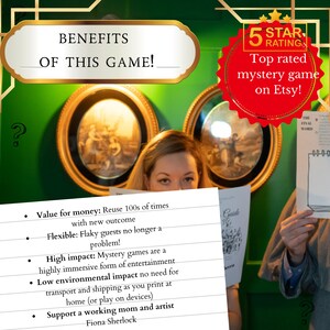 May include: A person holds papers in front of a green wall with framed pictures. Text on the image reads "BENEFITS OF THIS GAME!" and "Top rated mystery game on Etsy!" A list of benefits is also visible.