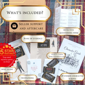 May include: A murder mystery game set with a host guide, invitations, character scripts, and evidence. The game includes a detective questioning book and guilty/innocent cards. The box is labelled "What's Included?" and "Seller Support and Aftercare."