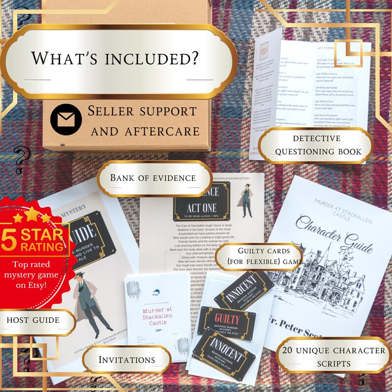 May include: A murder mystery game set with a host guide, invitations, character scripts, and evidence. The game includes a detective questioning book and guilty/innocent cards. The box is labelled "What's Included?" and "Seller Support and Aftercare."