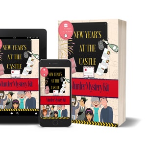 May include: A murder mystery game kit with a red and white cover featuring the text "New Year's at the Castle". The cover also includes a group of cartoon characters and a festive background.