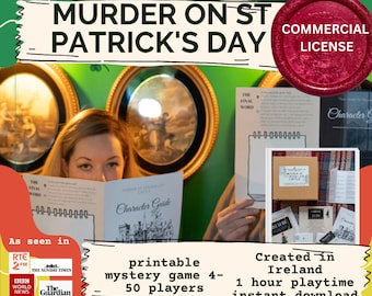 May include: A printable mystery game titled "Murder on St. Patrick's Day" with a commercial license. The game is designed for 4-50 players and offers a 1-hour playtime. The image includes the text "Created in Ireland" and logos of news outlets.