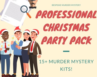 May include: A festive illustration of a group of people wearing Santa hats and holding glasses of champagne. The text reads "BESPOKE MURDER MYSTERY PROFESSIONAL CHRISTMAS PARTY PACK 15+ MURDER MYSTERY KITS!"