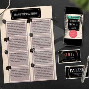 May include: A character suggestion sheet for a murder mystery game called "Murder at Stackallen Castle". The sheet includes character descriptions and names like William Joyce, Lady Stackallen, Father Peter Scotch, and Professor Becky Ramsdale. The game is for 4-8 players.