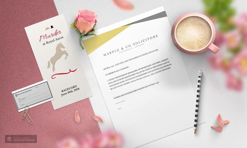 May include: A mock-up featuring a racecard and legal documents. The racecard reads "Murder at Royal Ascot" and "June 16th, 1958." A pink rose, a cup of coffee, and a striped pencil are also present.